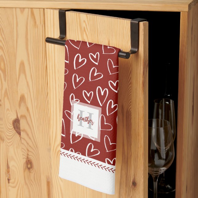 Monogram Red Valentine Heart Pattern Kitchen Towel (Thirds Fold)
