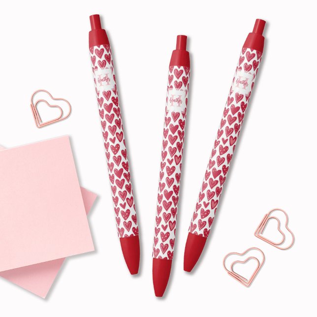 Monogram Red Valentine Heart Pattern Pen (Cute monogram red heart pattern pens. so girly & fun! A great gift for a friend for Valentine's Day.)