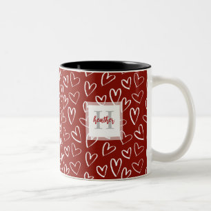 Monogram Red Valentine Heart Pattern Two-Tone Coffee Mug