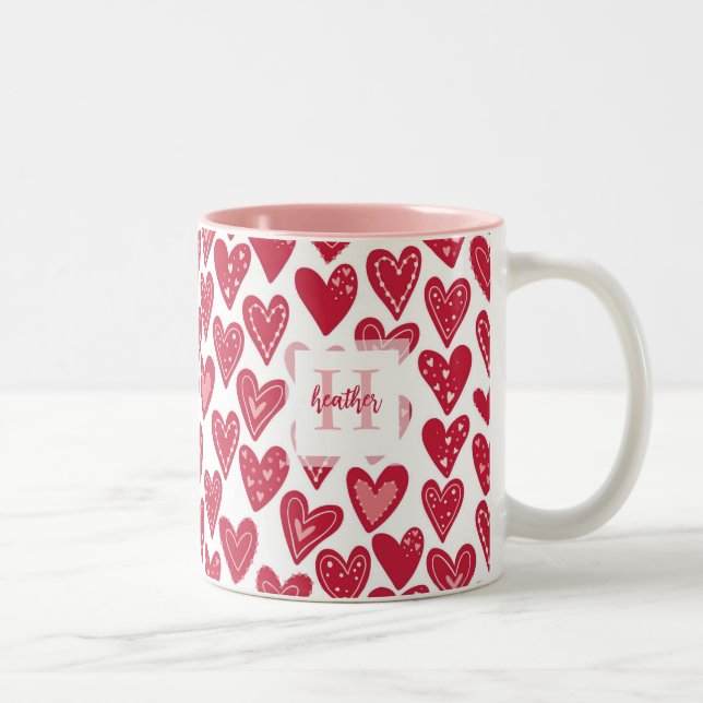Monogram Red Valentine Heart Pattern Two-Tone Coffee Mug (Right)