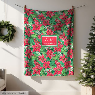 Monogram red watercolor preppy Christmas fleece Blanket