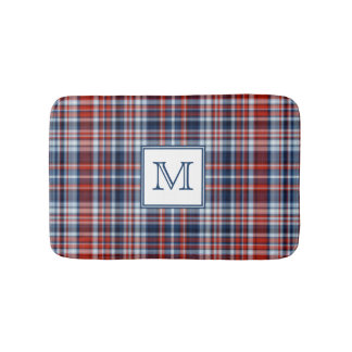 Monogram Red White and Blue Plaid Bath Mat