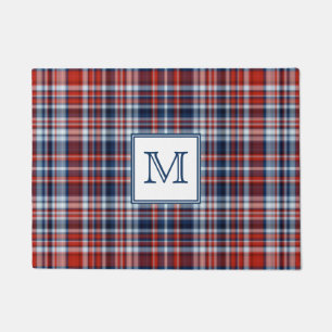 Monogram Red White and Blue Plaid Doormat