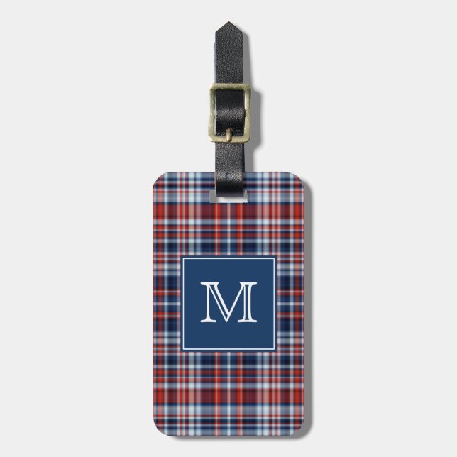 Monogram Red White and Blue Plaid Luggage Tag (Front Vertical)