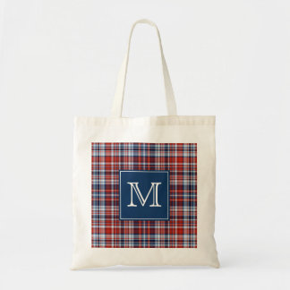 Monogram Red White and Blue Plaid Tote Bag