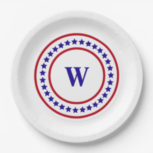 Monogram Red White and Blue Stars Patriotic Paper Plates