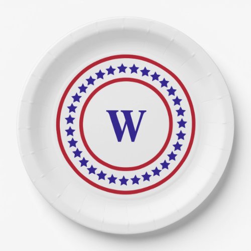 Monogram Red White and Blue Stars Patriotic  Paper Plates