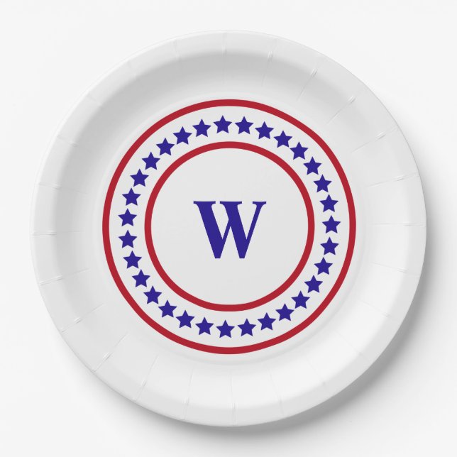 Monogram Red White and Blue Stars Patriotic  Paper Plates (Front)