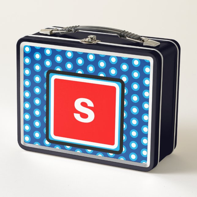 Monogram Red White Blue Geometric Dots  Metal Lunch Box (Front)