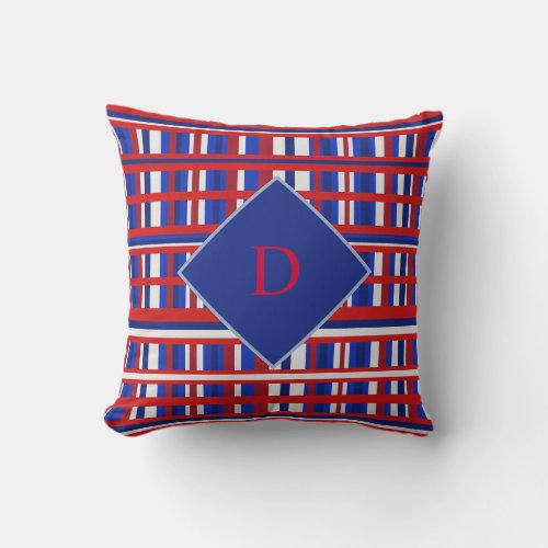 Monogram Red White Blue Plaid Patriot Throw Pillow