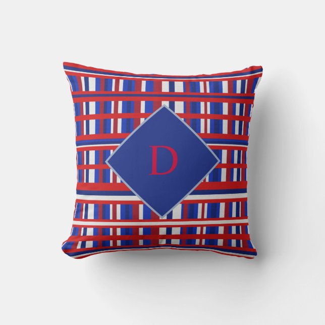 Monogram Red, White Blue Plaid Patriot Throw Pillow (Front)