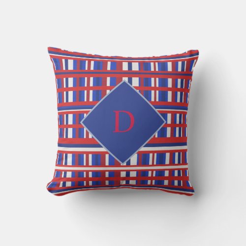 Monogram Red White Blue Plaid Patriot Throw Pillow