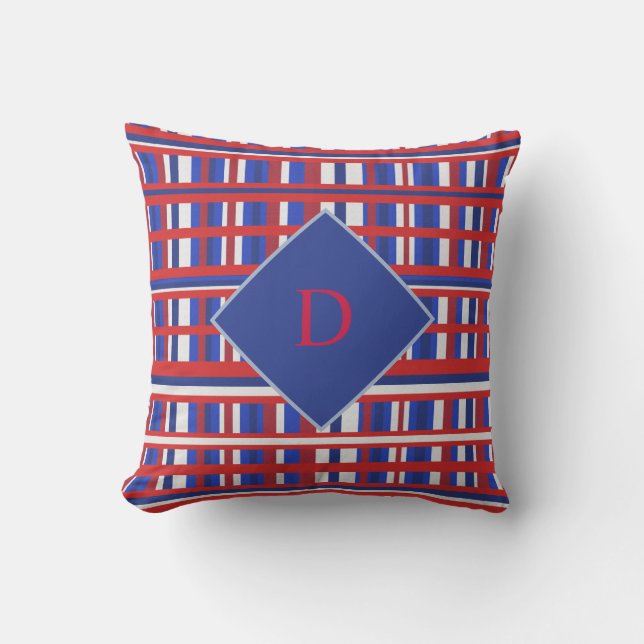 Monogram Red, White Blue Plaid Patriot Throw Pillow (Front)