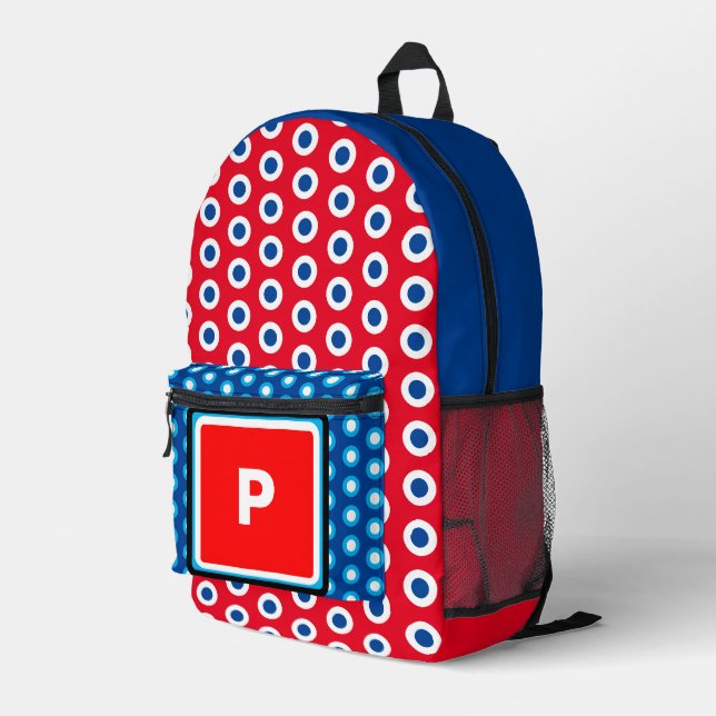 Monogram Red White Blue Polka Dots  Printed Backpack (Back Corner Right)