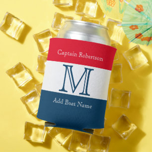 MONOGRAM Red White Blue stripe Solid Color Can Cooler