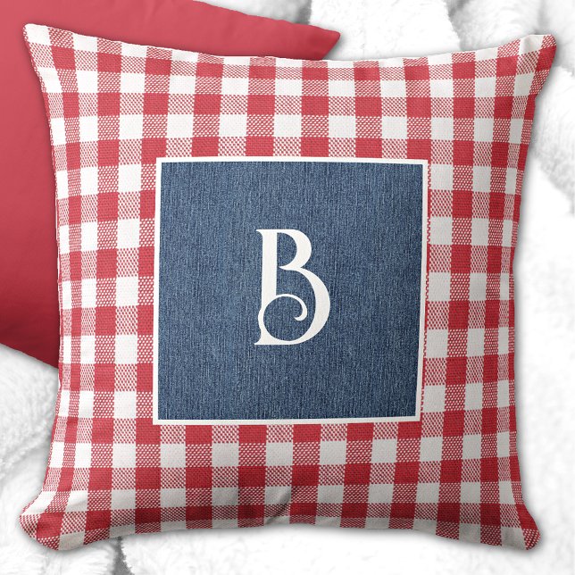 Monogram, Red White Check, Blue Denim Print Throw Pillow (Creator Uploaded)