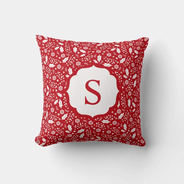 Monogram Red White Christmas Floral Pattern Throw Pillow (Front)
