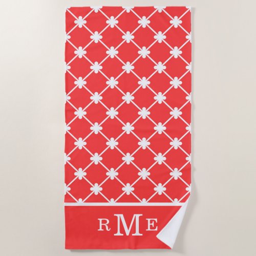 Monogram Red White Geometric Pattern  Editable Beach Towel