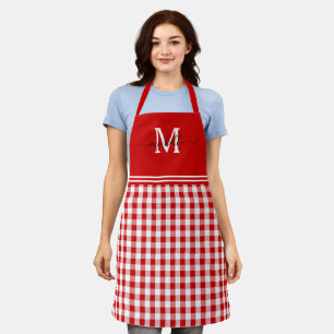 Monogram Red White Gingham Black Name Apron