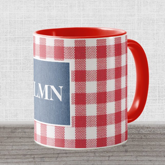 Monogram Red & White Gingham Blue Denim 11oz Combo Mug (Creator Uploaded)