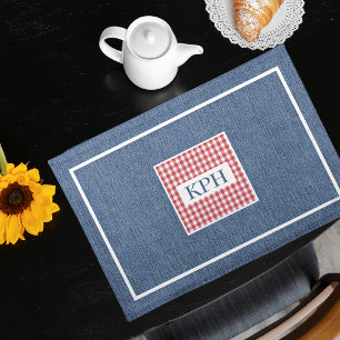 Monogram, Red & White Gingham, Blue Denim Print Cloth Placemat