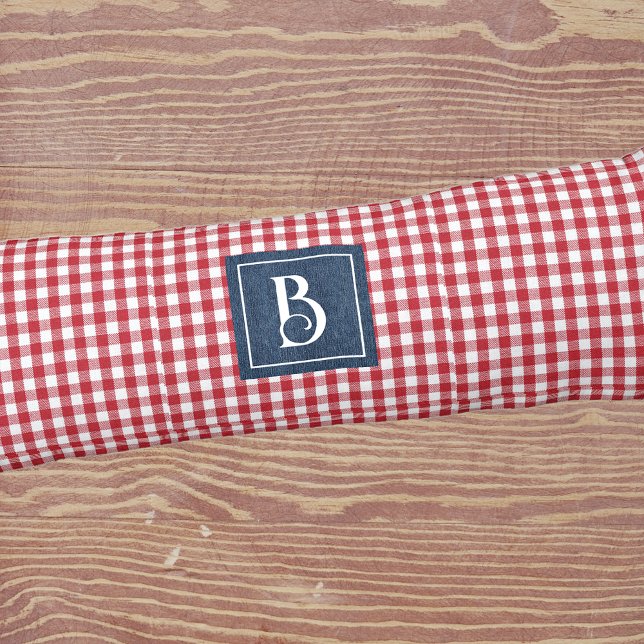 Monogram, Red & White Gingham Check Blue Denim  Body Pillow (Creator Uploaded)