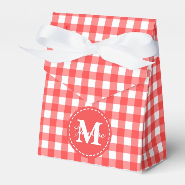 Monogram Red White Gingham Check Pattern Favor Boxes (Front Side)