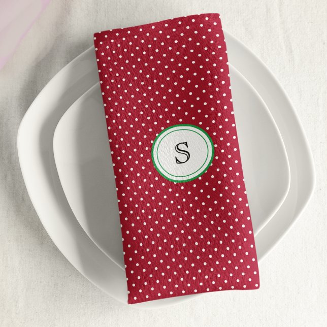 Monogram, Red & White Polka Dot 12x12 Cloth Napkin (Creator Uploaded)