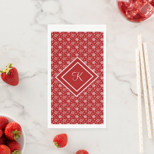 Monogram Red White Snowflake Christmas Holiday  Paper Guest Towels
