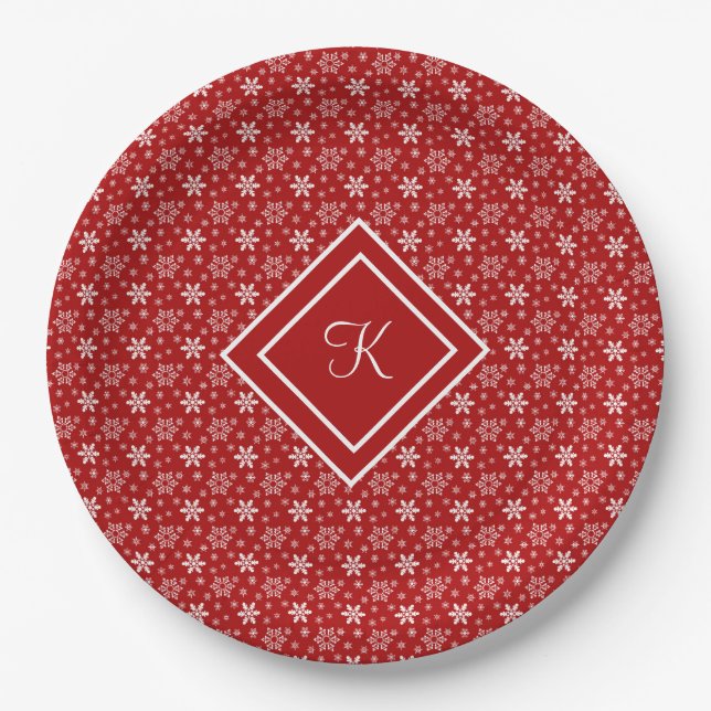 Monogram Red White Snowflake Christmas Holiday Paper Plates (Front)