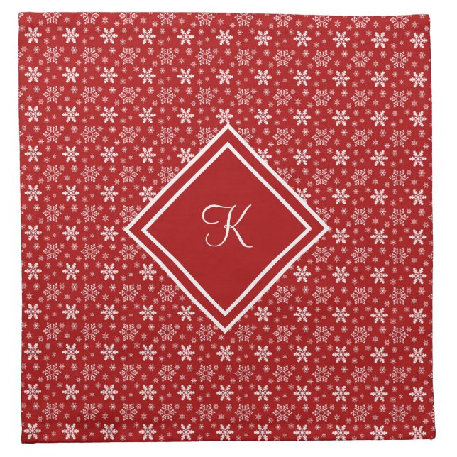 Monogram Red White Snowflake Winter Holiday Cloth Napkin (Front)