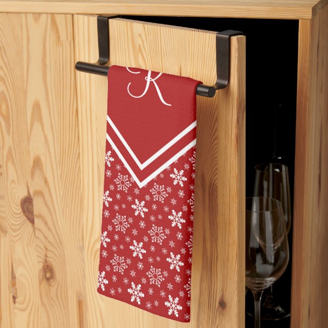 Monogram Red White Snowflake Winter Holiday Kitchen Towel (Thirds Fold)