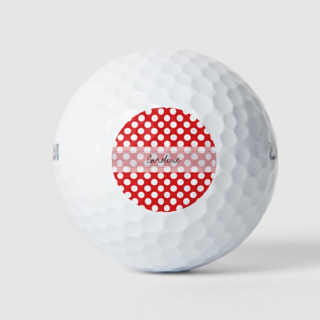 Monogram Red White Trendy Fun Polka Dot Pattern Golf Balls (Front)