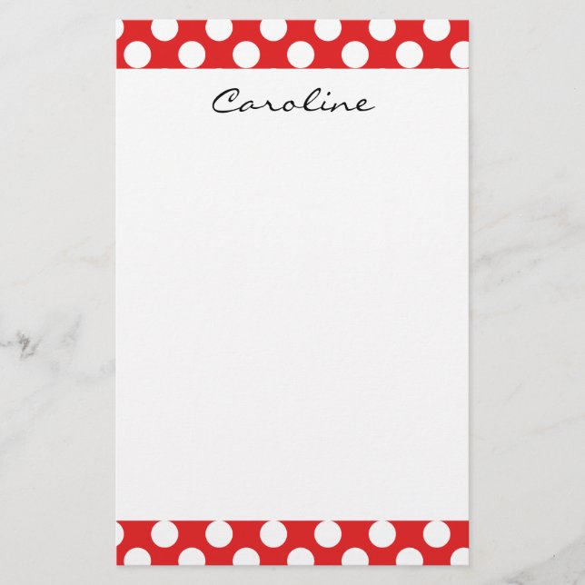 Monogram Red White Trendy Fun Polka Dot Pattern Stationery (Front)