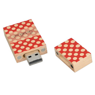 Monogram Red White Trendy Fun Polka Dot Pattern Wood Flash Drive