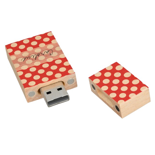 Monogram Red White Trendy Fun Polka Dot Pattern Wood Flash Drive (Angled)