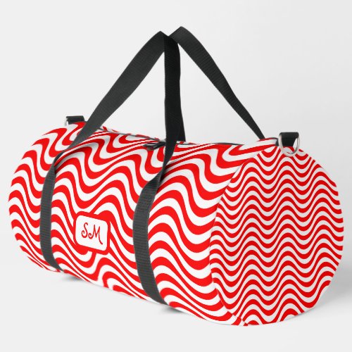Monogram Red  White Wavy Stripes Psychedelic Duffle Bag