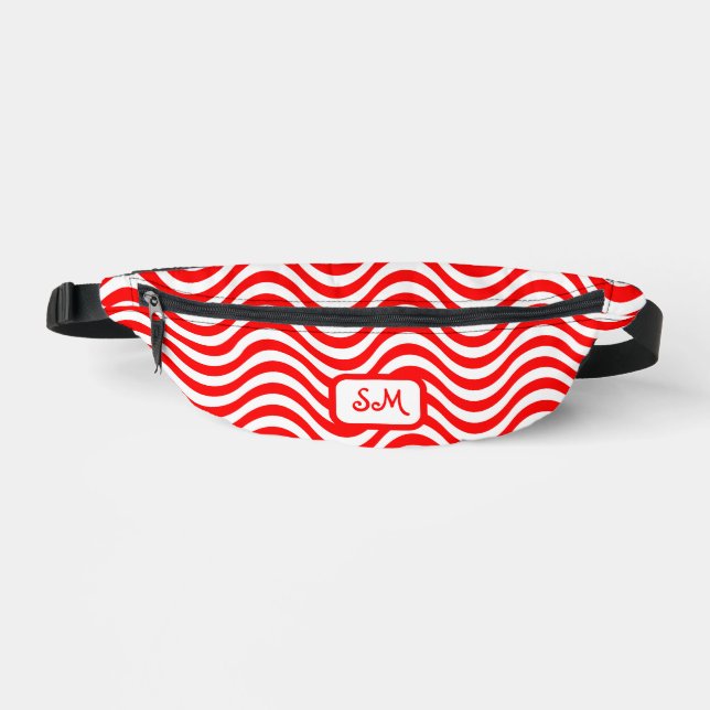 Monogram Red & White Wavy Stripes Psychedelic Fanny Pack (Front)