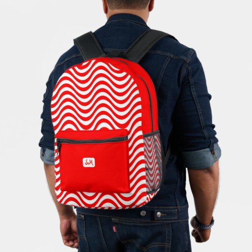 Monogram Red  White Wavy Stripes Psychedelic Printed Backpack