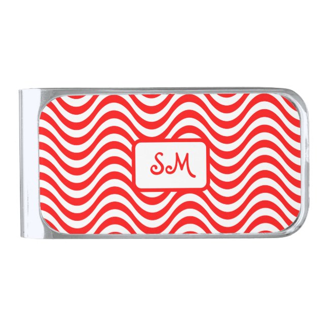 Monogram Red & White Wavy Stripes Psychedelic Silver Finish Money Clip (Front)