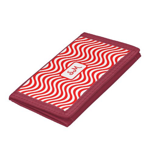 Monogram Red  White Wavy Stripes Psychedelic Trifold Wallet