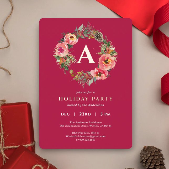 Monogram Red Wreath Botanical Christmas Party Gold Foil Holiday Card (Creator Uploaded)