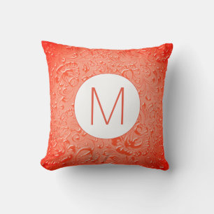 Monogram Reddish Color Embossed Floral Throw Pillow