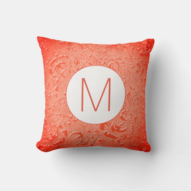 Monogram Reddish Color Embossed Floral Throw Pillow (Front)