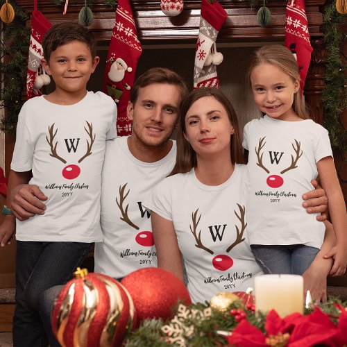 Monogram Reindeer Antler Red Nose Family Christmas T_Shirt