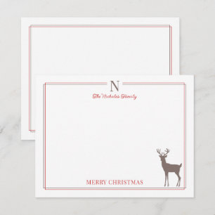 Monogram Reindeer Red Border Christmas Stationery Note Card
