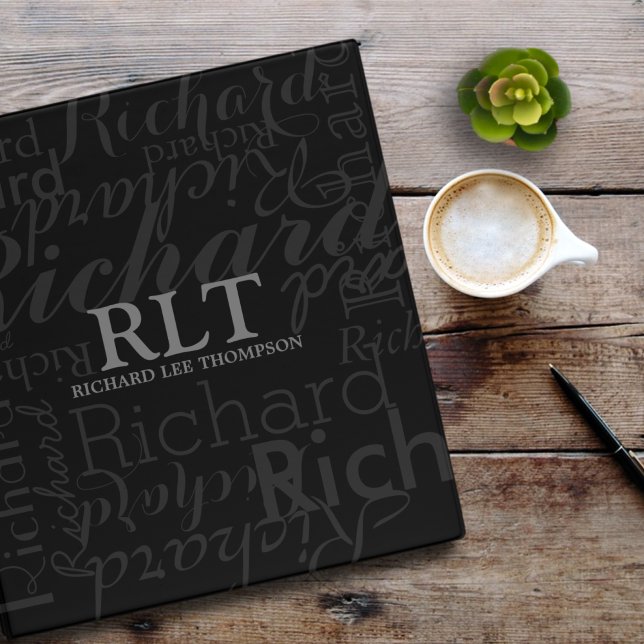 Monogram Repeated Gray Name Black Elegant 3 Ring Binder (Creator Uploaded)