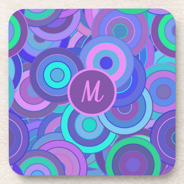 Monogram Retro 60s Psychedelic Circles Pattern Beverage Coaster (Front)