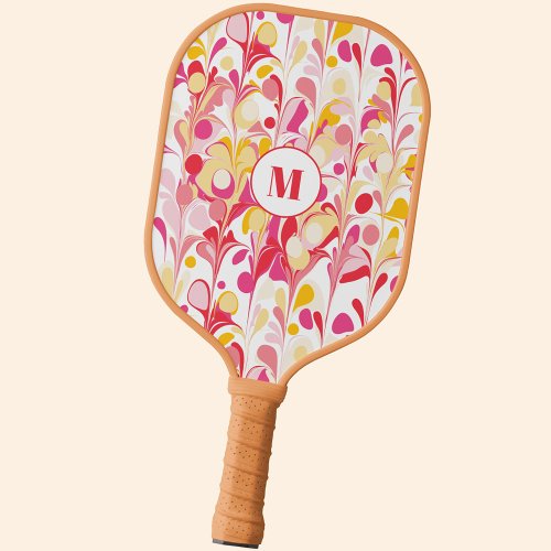 Monogram Retro Abstract Marble Pattern Pink Pickleball Paddle