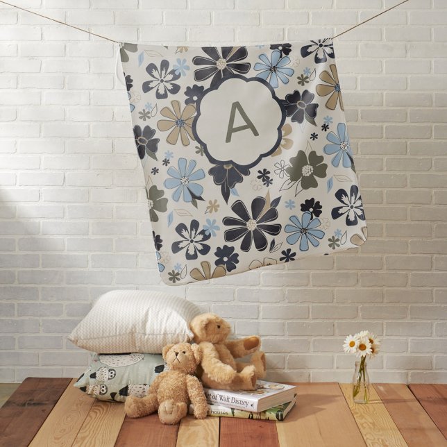 Monogram Retro Blue Floral Growth Tracker Baby Blanket (Monogram Retro Blue Floral Growth Tracker from Studio Posies.)